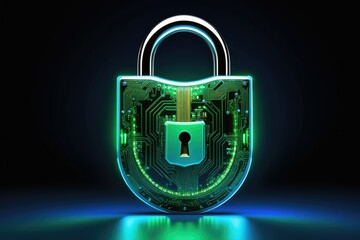 Cybersecurity digital padlock, glowing with neon blues and greens, integrated circuits emanating from its core symbolizing network protection, safeguarding data against cyber threats