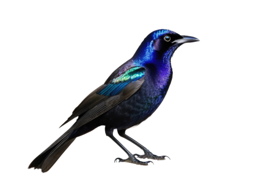 Common grackle bird, full body, high quality stock photograph, isolated on white background, feathers shimmering with iridescent purple and blue, yellow piercing eyes, natural light, ultra clear