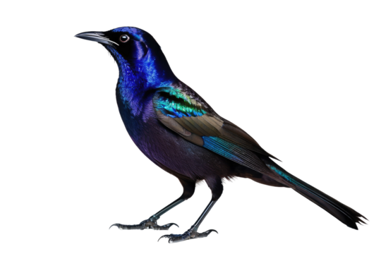 Common grackle bird, full body, high quality stock photograph, isolated on white background, feathers shimmering with iridescent purple and blue, yellow piercing eyes, natural light, ultra clear