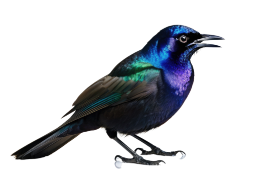 Common grackle bird, full body, high quality stock photograph, isolated on white background, feathers shimmering with iridescent purple and blue, yellow piercing eyes, natural light, ultra clear