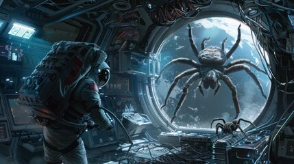 astronaut in a ship with a giant spider in space inside the ship in high resolution