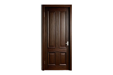 Dark brown door standing full body isolated against a stark white background, stock photograph, oak texture prominent, natural wood grain visible, soft shadows detailing its form, high resolution