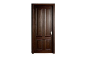 Dark brown door standing full body isolated against a stark white background, stock photograph, oak texture prominent, natural wood grain visible, soft shadows detailing its form, high resolution