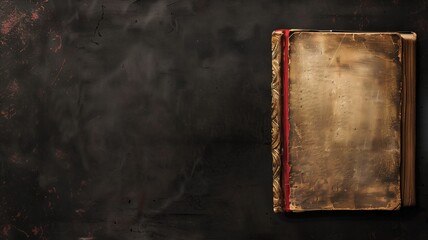 Old book with ornate cover resting on a dark, grunge surface