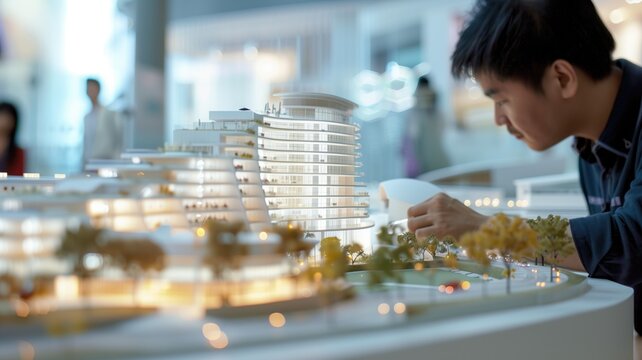 An architect intently examines a detailed architectural model