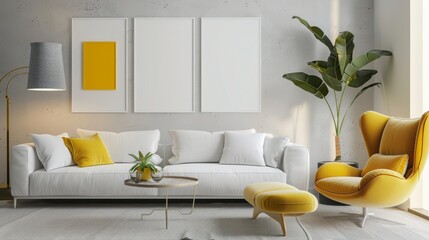 Living room featuring a white sofa and yellow armchair, complemented by blank posters on the wall