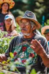 Naklejka na ściany i meble Indigenous leaders sharing traditional farming practices, advocating for food sovereignty and environmental stewardship.