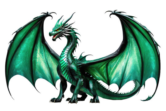Emerald green dragon, full body, fantasy creature, isolated on white background, high quality stock photo, glistening scales, fierce pose, tail curled, wings spread wide, detailed texture