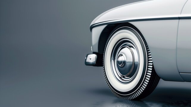 Close-up of a vintage car wheel with distinctive white sidewall