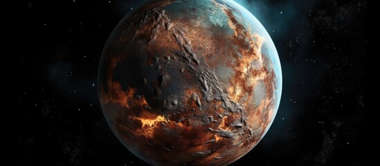 A 3D artists depiction of an alien planet in outer space, set against a black background. The planet features unique land formations and atmospheric details, emphasizing the exploration of exoplanets