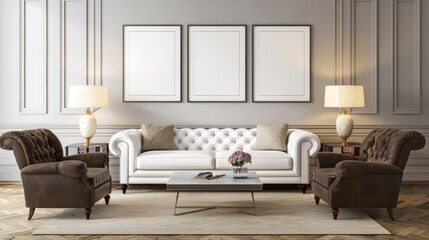 Living room adorned with a white sofa and chocolate armchair, set against the backdrop of blank posters on the wall