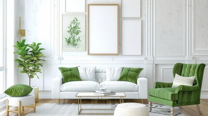 Living room adorned with a white sofa and green armchair, accompanied by blank posters on the wall