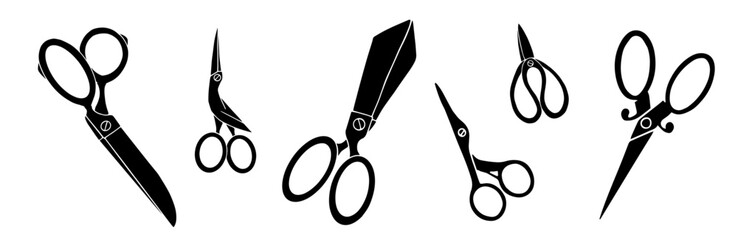Set of silhouettes of scissors.Various tools for needlework.Vector graphics. - obrazy, fototapety, plakaty