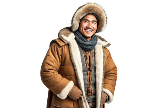 Happy Eskimo man, full body shot, centered, isolated on a white background, stock photo aesthetic, natural light, warm smile, traditional clothing, culturally authentic details, high-resolution image