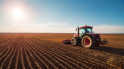 A modern tractor plows through an expansive agricultural field, preparing the soil for a new planting season under a clear sky. AIG41