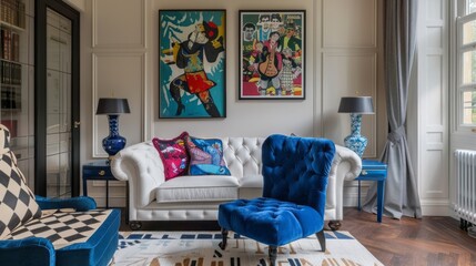 Living room adorned with a white sofa and blue armchair, enhanced by eye-catching posters gracing the walls