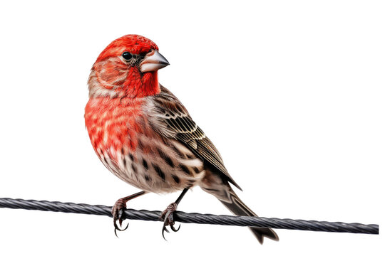 House finch, full body, vivid colors, isolated on white background, high-resolution stock photo, crisp definition, detailed texture of feathers, soft shadow beneath, clear and sharp eye contact