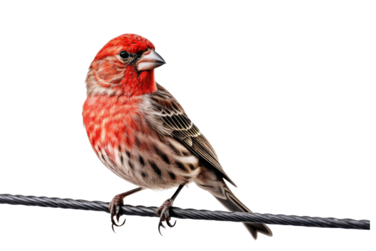 House finch, full body, vivid colors, isolated on white background, high-resolution stock photo, crisp definition, detailed texture of feathers, soft shadow beneath, clear and sharp eye contact