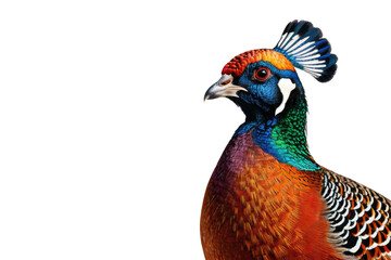 Male pheasant stands regal and fully detailed, isolation on white backdrop, contrasts highlighting iridescent plumage, sharp focus capturing texture, considering rule of thirds for visual interest