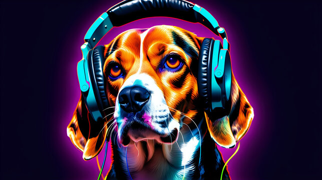 A vividly colored, stylized image showcases a beagle dog wearing headphones, set against a dynamic, purple-hued neon backdrop