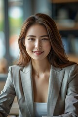 Confident business woman smiling and looking at camera on office desk. Business woman concept