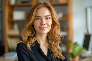 Confident business woman smiling and looking at camera on office desk. Business woman concept