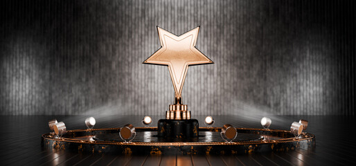 Star award. Prize, first place. Award on a metal background. Gold star on a pedestal with a metal...
