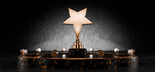 Star award. Gold star on a pedestal with a metal background, award template on a dark background. Prize, first place. Award on a metal background. 3D rendering.