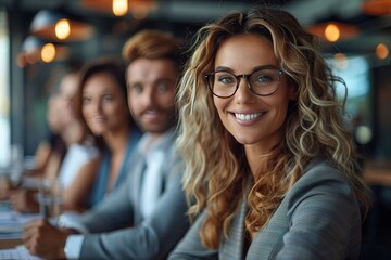 Fototapeta premium Smiling woman in a blazer at a corporate meeting with colleagues