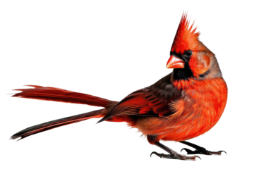 Northern Cardinal bird standing in profile, feathers ruffled, isolated on a white background, high key lighting, stock photography, ultra fine detail