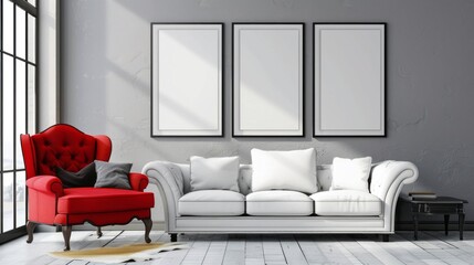 Living room featuring a white sofa and red armchair, accentuated by blank posters on the wall