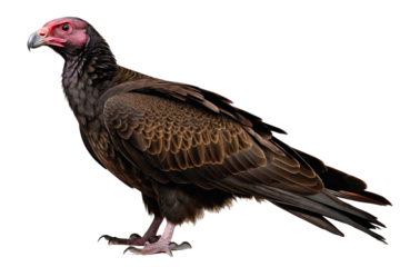 Turkey vulture, full body isolated, high quality stock photograph, pure white background, showcasing detailed feather texture, sharp beak, piercing gaze, natural lighting