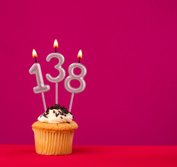 Birthday cupcake with candle number 138 - Rhodamine Red foamy background