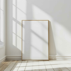 Close up of a Mockup poster frame with wooden frame and blank picture on wood floor. White living room design. View of modern scandinavian style interior.