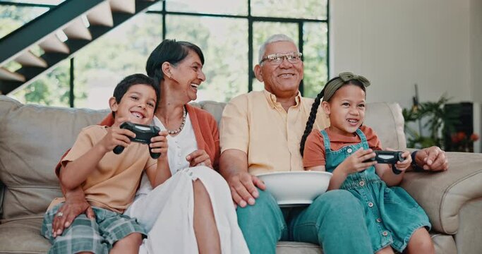 People, sofa and controller for multi generation, gaming or bonding together in family home. Senior citizen, children or console remote on couch as fun, play or babysitting in childhood or retirement
