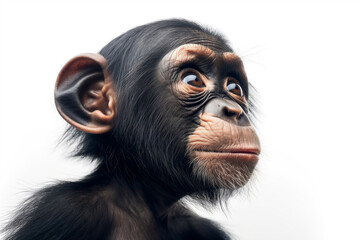 Naklejka premium A captivating close-up of a young chimpanzee with a thoughtful expression, showcasing detailed facial features and large ears.