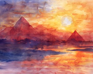 Egyptian Pyramids at Dawn and Dusk - Fantasy Watercolor Landscapes