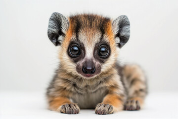A captivating close-up of a baby lemur with large, curious eyes and a soft, patterned coat, looking directly at the viewer.