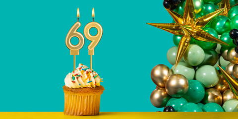 Birthday candle number 69 - Cupcake with decoration on a green background