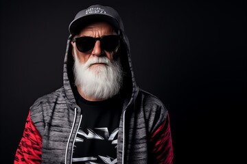 Portrait of an old man with a white beard and sunglasses.