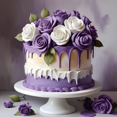 Purple and white fondant birthday cake with decorative icing roses on top.