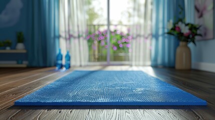 workout blue yoga mat - obrazy, fototapety, plakaty