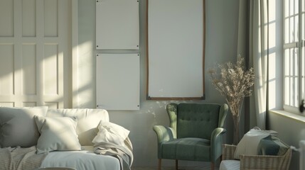 Living space with a white sofa and green armchair, accompanied by blank posters on the wall