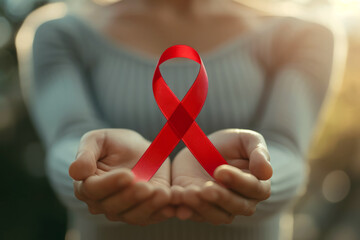 A red bow or ribbon symbolizing solidarity with people living with HIV on the hands of a woman on the street. Woman holding red ribbon, selective focus
 - Powered by Adobe