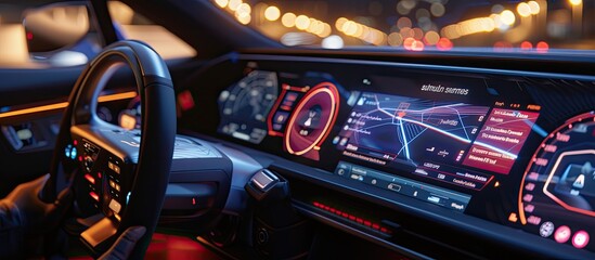 Futuristic Car Dashboard, Advanced Hologram Technology, User-Friendly Interface for Enhanced Driving Experience, Ideal for Modern, High-Tech Auto Illustrations