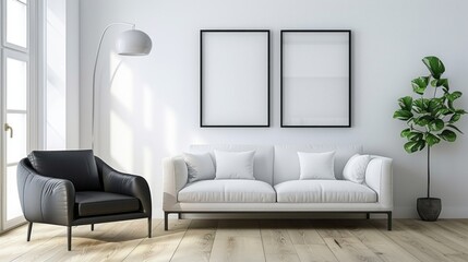 Living space furnished with a white sofa and black armchair, accompanied by blank posters on the wall