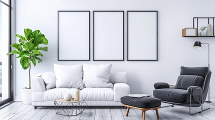 Living space furnished with a white sofa and black armchair, accompanied by blank posters on the wall