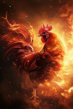 Illustration of a Majestic Red Rooster, Bravely Facing a Raging Inferno, Symbolizing Courage and Resilience in the Face of Adversity