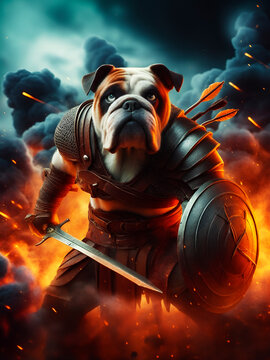 portrait of anthropomorphic bulldog as a fighter with sword, cool dog as soldier, background is fire, flame, blast, explosion and smoke, hero warrior, action movie still, wall art and wallpaper