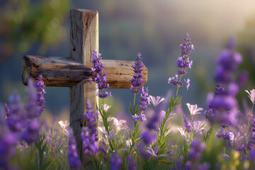 Wooden cross in a lavender field or field with spring purple flowers
